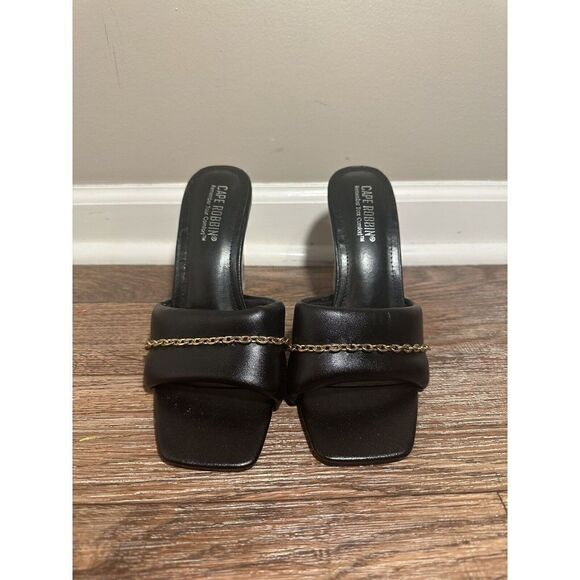 CAPE ROBBIN Cherie Gold Chain Square Lucite‎ Heeled Mule Sandals Size 8.5 Black - Picture 3 of 9